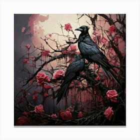 Firefly Dark, Atmospheric, Black Crows, Thorny Branches, Barren, Pink Roses, Striking Contrast, Goth (3) Canvas Print