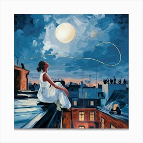 Moonlit Rooftop Scene With Golden Thread Connection Canvas Print