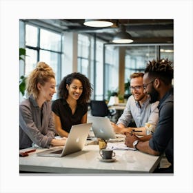 A Dynamic Multiracial Corporate Team In Casual Attire Effectively Brainstorming Over A Project Withi (4) Canvas Print