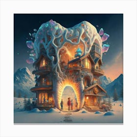 , a house in the shape of giant teeth made of crystal with neon lights and various flowers 15 Canvas Print