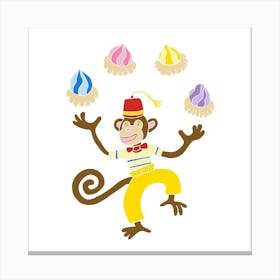 Monkey Juggling Ice Gems, Fun Circus Animal, Cake, Biscuit, Sweet Treat Print, Square Canvas Print