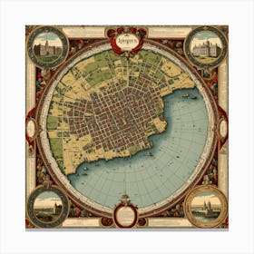 A Vintage Map, Of A Historic City With Ornate Borders And Labels art print 8 Canvas Print