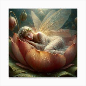 Sweet Dreams, A serene fairy with delicate wings slumbers peacefully in the heart of a blossoming flower, surrounded by an enchanted, dimly lit floral realm. Dewdrops embellish the petals, enhancing the scene's magical essence. classic art Canvas Print