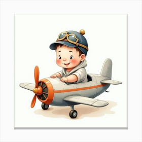 Baby Boy Wearing A Tiny Pilot Hat Sitting In A Watercolor Airplane Canvas Print