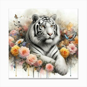 White Tiger With Flowers Canvas Print