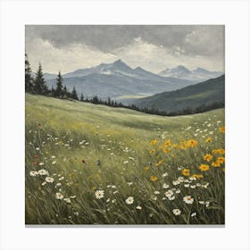 vintage oil painting of wild flowers in a meadow, mountains in the background 10 Canvas Print