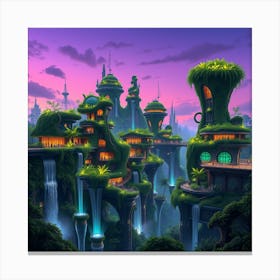 Futuristic Jungle City With Bioluminescent Plants Canvas Print