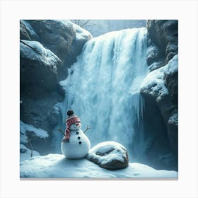 Snowman In Front Of Waterfall Canvas Print