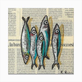Anchovies Sardines Fishes On Newspaper Minimal Neutral Sea Ocean Seafood Inspired Kitchen Decor Canvas Print