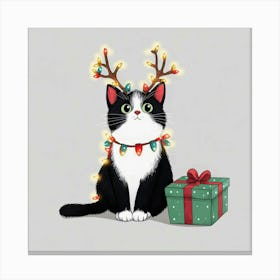 Christmas Cat with Lights: Cute Holiday Illustration, Festive Kitty Wall Art Canvas Print