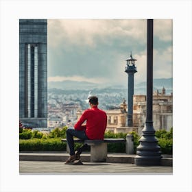 Man Sitting On Bench In Barcelona Canvas Print