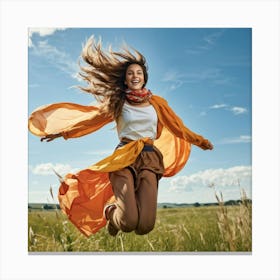 A Youthful Female Exuding Vitality Engaged In Jumping With Unrestrained Joy Sporting Healthy Slim Canvas Print