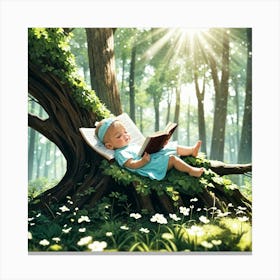 Peaceful Moments, Babygirl lying and reding a book on a trunk Canvas Print