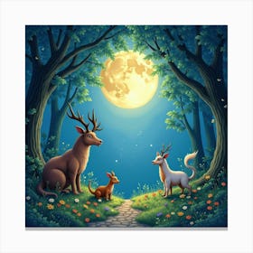 Magical Creatures In A Moonlit Grove, Watercolor 1 Canvas Print