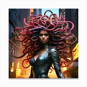 A Modern Twist Unfolds As Medusa Is Depicted In A Bustling Metropolis Her Hair A Living Mural Canvas Print