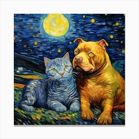 Dog And Cat Under The Starry Sky Canvas Print