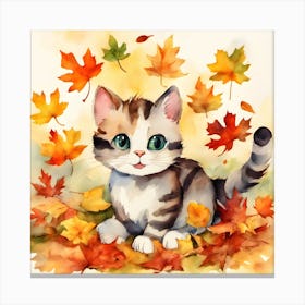 Autumn Kitten Watercolor Painting Canvas Print