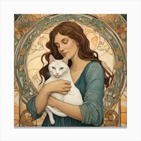 Woman with her Beloved Cat in Style of Art Nouveau 3 Canvas Print