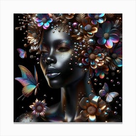 Black Woman With Flowers And Butterflies Canvas Print