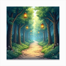 Enchanting Watercolor Forest Path With Floating Lanterns 1 Canvas Print