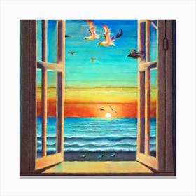 Vibrant Sunset Beach Scene with Flying Birds Canvas Print