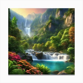 Beautiful Landscape, Summer with waterfall and flowers Canvas Print