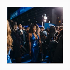 A Sexy Black Woman In A Blue Latex Dress in Distance With A On the Blue Carpet- Created by Midjourney Canvas Print