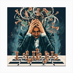 An art print showcasing a striking and abstract portrait of a chess player immersed in a strategic game, with chess pieces swirling around them. This cerebral and visually captivating art print is perfect for chess enthusiasts and those who appreciate the intellectual allure of the game, adding a touch of sophistication to home decor Canvas Print