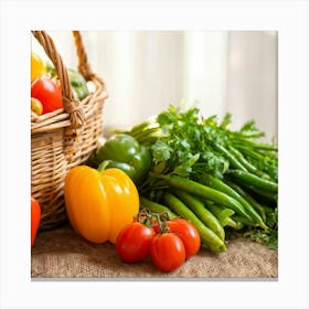 Assorted Vegetables Including Tomatoes Carrots Bell Peppers And Green Beans Harvested From A Gard (1) Canvas Print