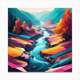 A modern digital painting of a river, with bold, geometric shapes and a vibrant color scheme, showcasing the beauty of technology and nature combined. 3 Canvas Print