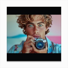 Portrait Of A Young Man With A Camera in pink Canvas Print