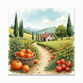 Traditional Italian Harvest Festival In Watercolor, With Farmers And Produce 1 Canvas Print