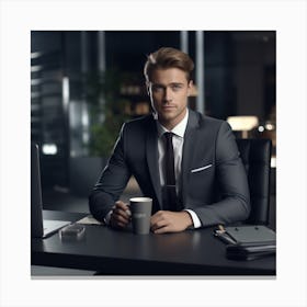 Young Succesfull Male Sitting By His Desk Canvas Print