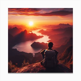 Man Sitting On Top Of Mountain At Sunset 1 Canvas Print