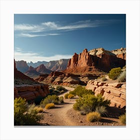 A Picturesque Canyon With A Winding Hiking Trail, Red Rock Formations, And A Vibrant Blue Sky 1 Canvas Print