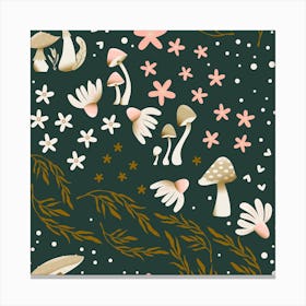 Mushroom Pattern On Green With Florals Square Canvas Print