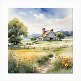 Watercolor Of A Farm 1 Canvas Print