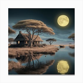 African Serenity Matte Painting of a Cottage in the Savannah 1 Canvas Print