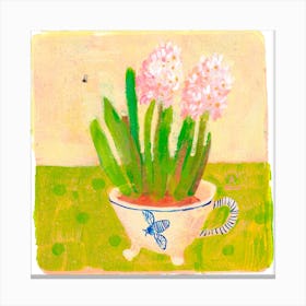 Pink Hiacinth In A Mug With A Bee Square Canvas Print