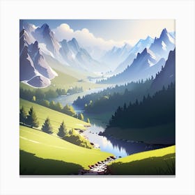 Landscape With Mountains And River Canvas Print