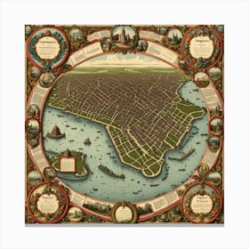 A Vintage Map, Of A Historic City With Ornate Borders And Labels art print 6 Canvas Print