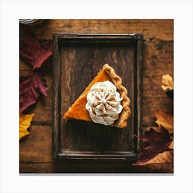 Pumpkin Pie Slice Topped With Whipped Cream From Above Positioned On An Age Worn Wooden Table Surr Canvas Print