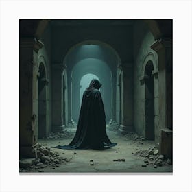 A Cunning Rogue With A Shadowy Cloak Sneaking Through An Old, Abandoned Temple Canvas Print