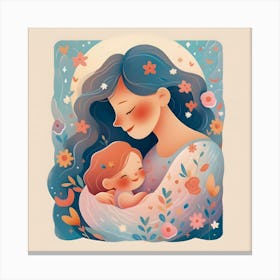 Mother and Child Illustration – Whimsical Art Depicting a Loving Bond, Surrounded by Floral and Celestial Elements in Warm Pastel Tones Leinwandbild