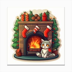 Christmas Cat In Front Of Fireplace Canvas Print