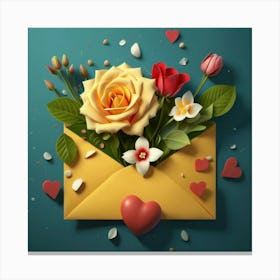 An open red and yellow letter envelope with flowers inside and little hearts outside 16 Canvas Print