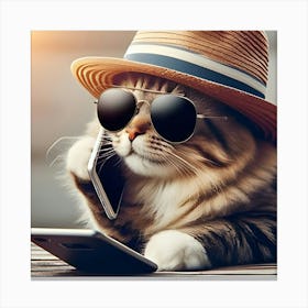 A Cat With A Hat And Sunglasses On Talking On A Phone 2 Canvas Print