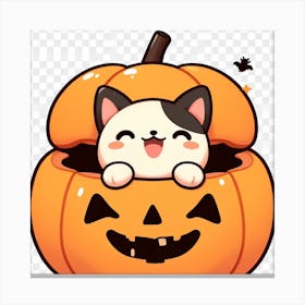 Kawaii Halloween Cat in Pumpkin Cute Cartoon Anime Kitty Canvas Print