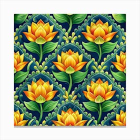 Seamless Pattern With Orange Lotus Flowers Canvas Print