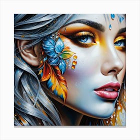 Portrait Of A Beautiful Women Face Decorated With Feather And Flower In A Detailed And Beautiful Artistic Oil Painting Canvas Print